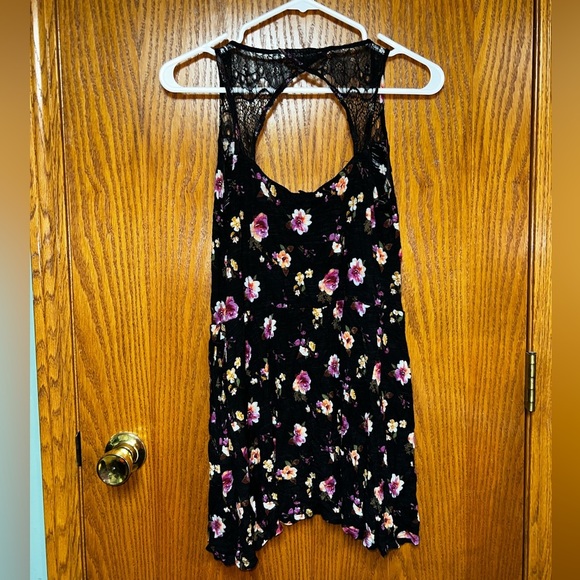 Forever 21 Black Floral Lace-Back Sundress Side Pockets Size L Feminine Boho - Picture 3 of 5